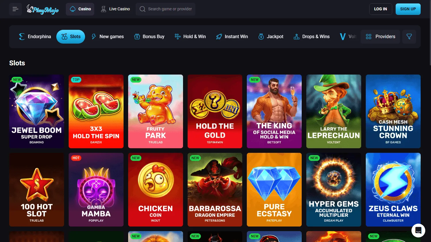 Playmojo Casino desktop games page