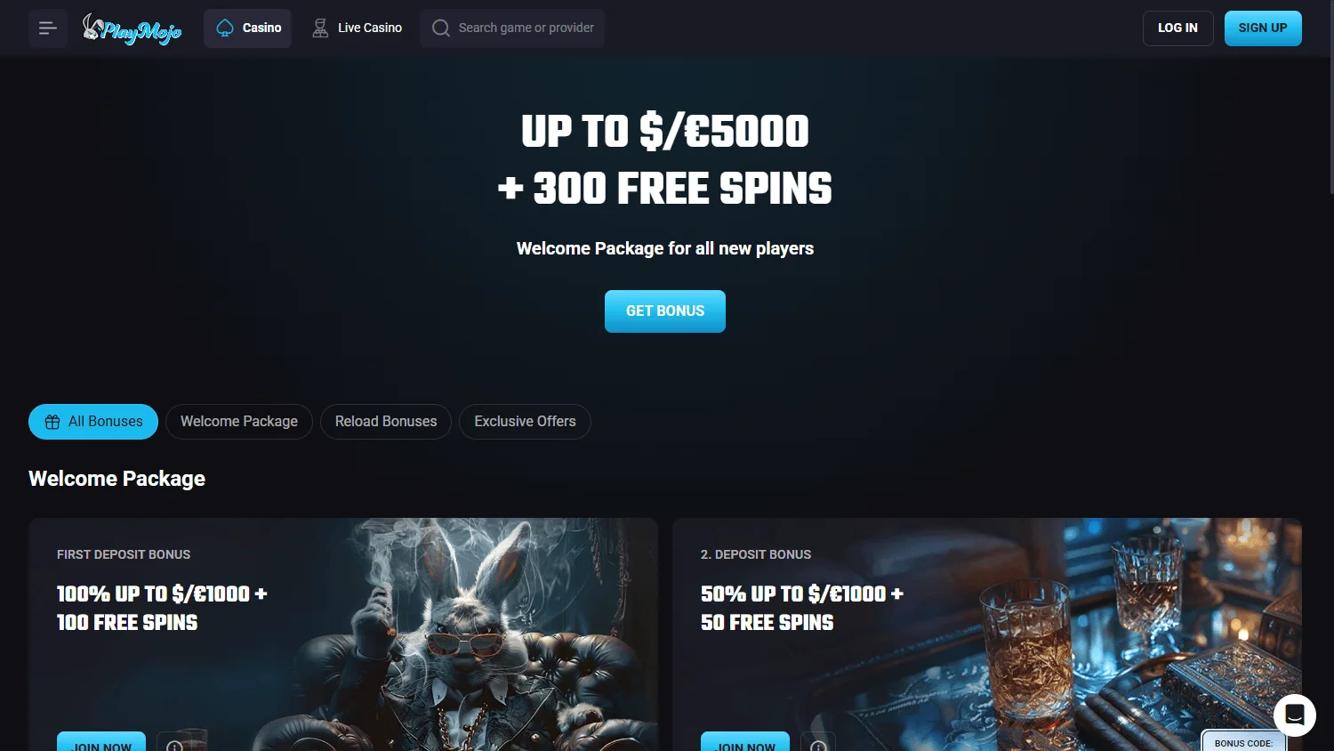 Playmojo Casino desktop promotions page